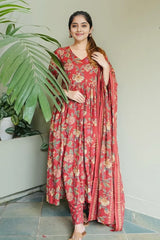 Maroon Floral Kurti Set with Dupatta