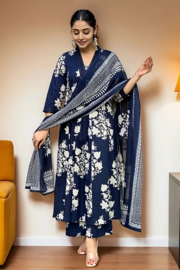 Blue Floral Kurta with Pant and Dupatta