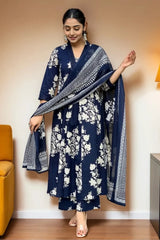 Blue Floral Kurta with Pant and Dupatta