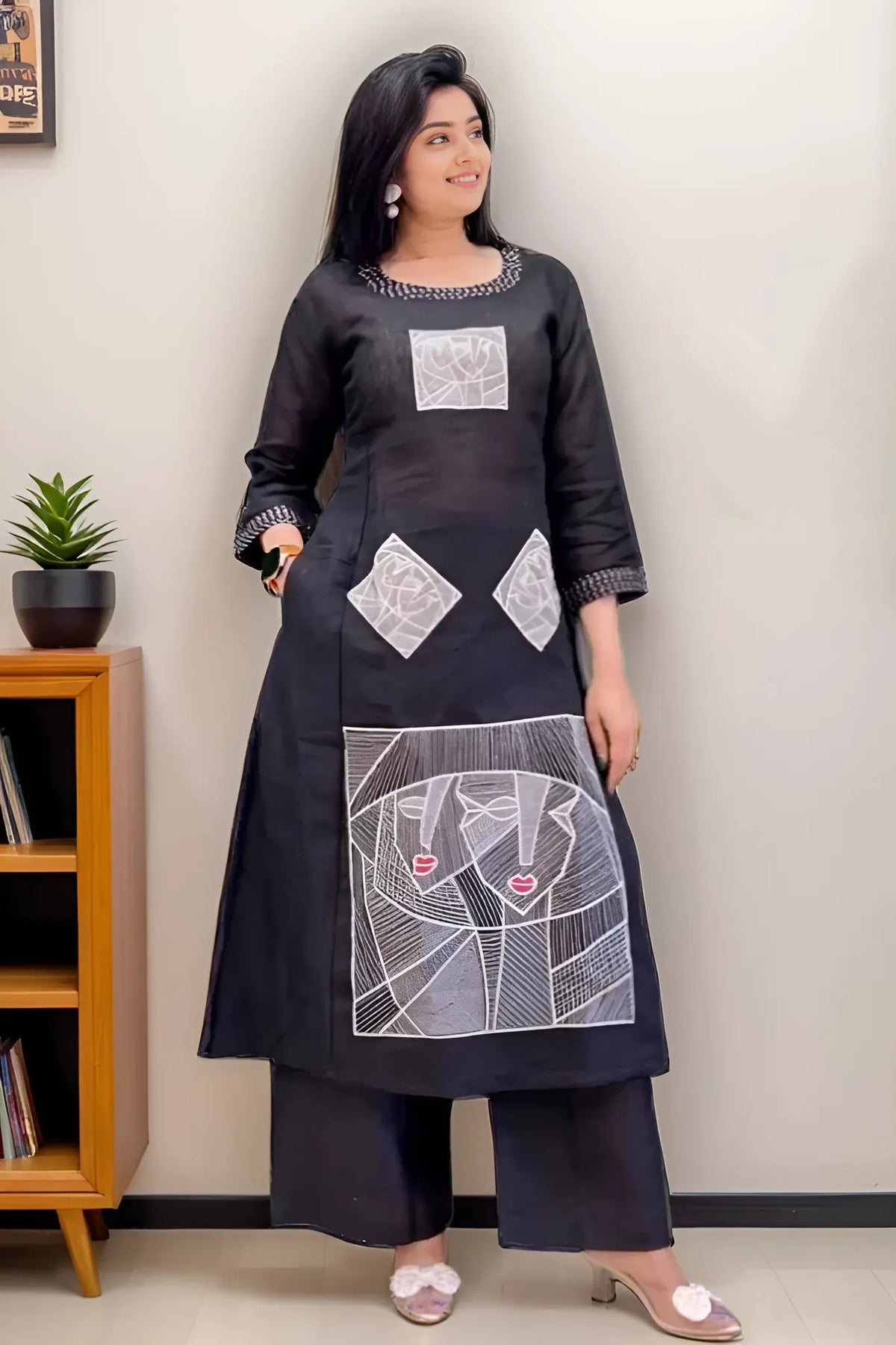 Black Cotton Flex Kurta With Palazzo