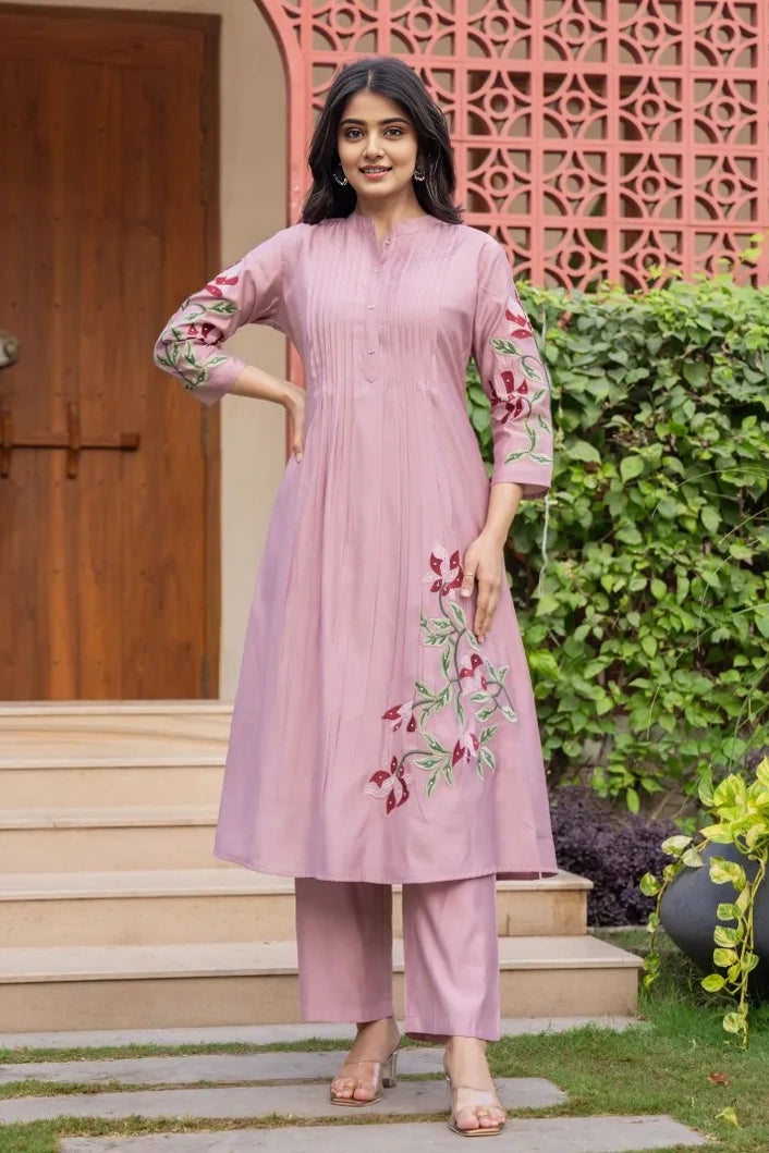 Lilac Embroidered A-Line Kurta with Pant