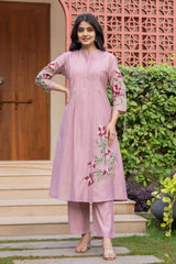 Lilac Embroidered A-Line Kurta with Pant