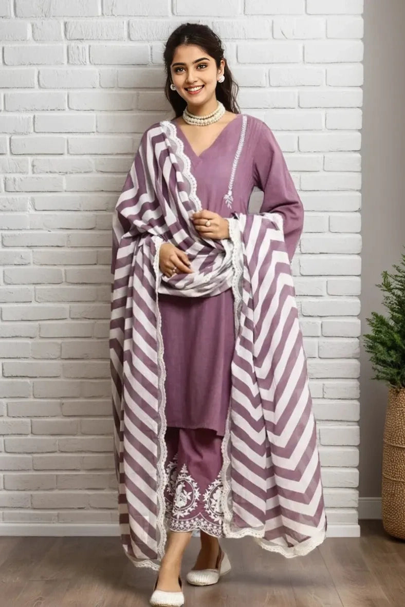 Purple Embroidered Kurti Set with Dupatta