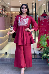 Pink A-line Embroidery Kurta with Palazzo