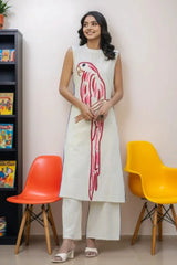 Pink Parrot Embroidered Cotton Flex Co-Ord Set