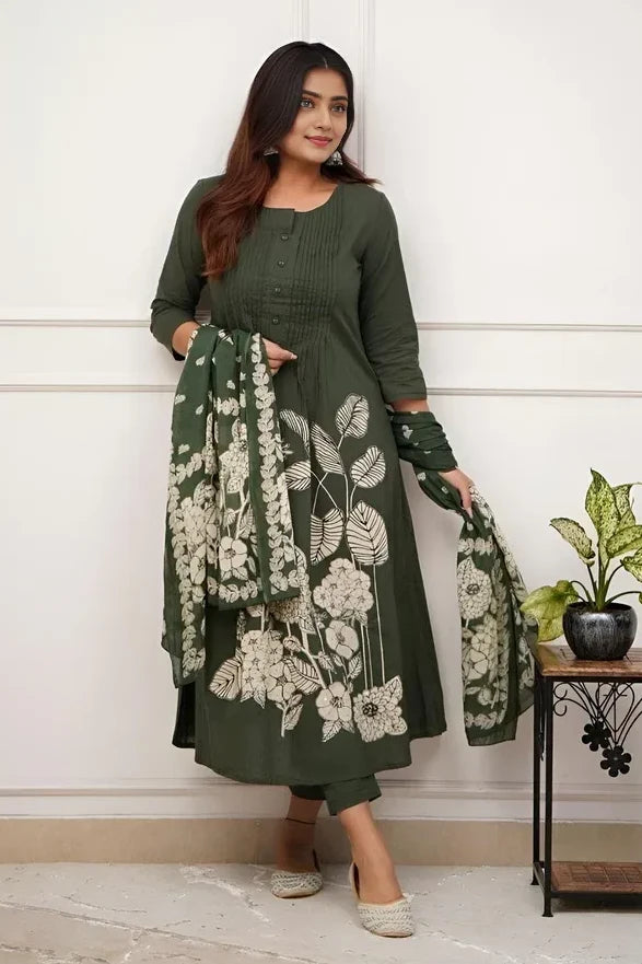 Army Green Floral Kurti Set with Dupatta