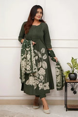 Army Green Floral Kurti Set with Dupatta