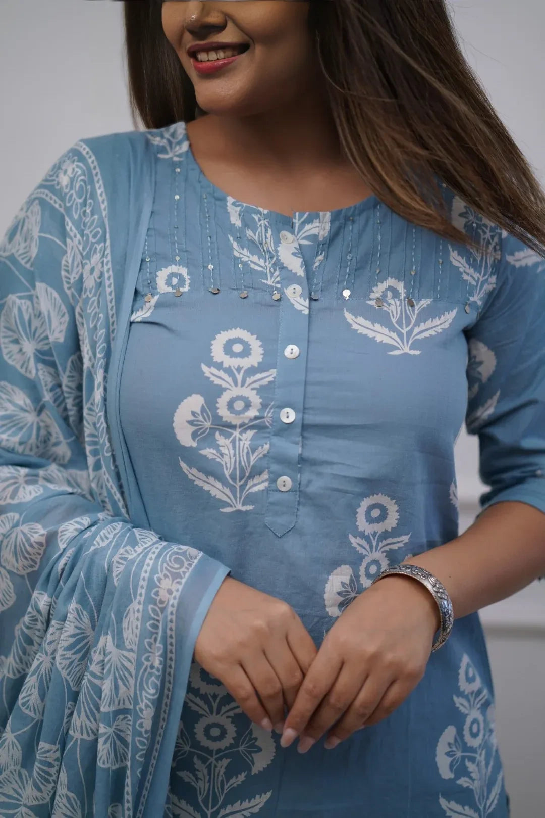 Sky Blue Floral Kurti Set with Dupatta