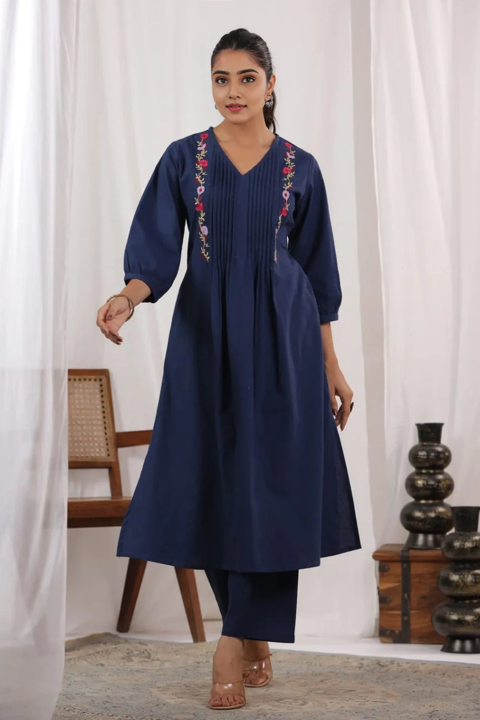 Blue Pintex A-Line Kurta with Pant