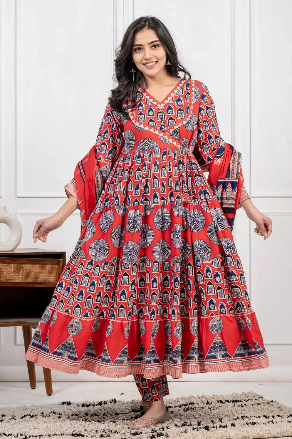 Red Cotton Angrakha Style Kurta Set