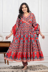 Red Cotton Angrakha Style Kurta Set