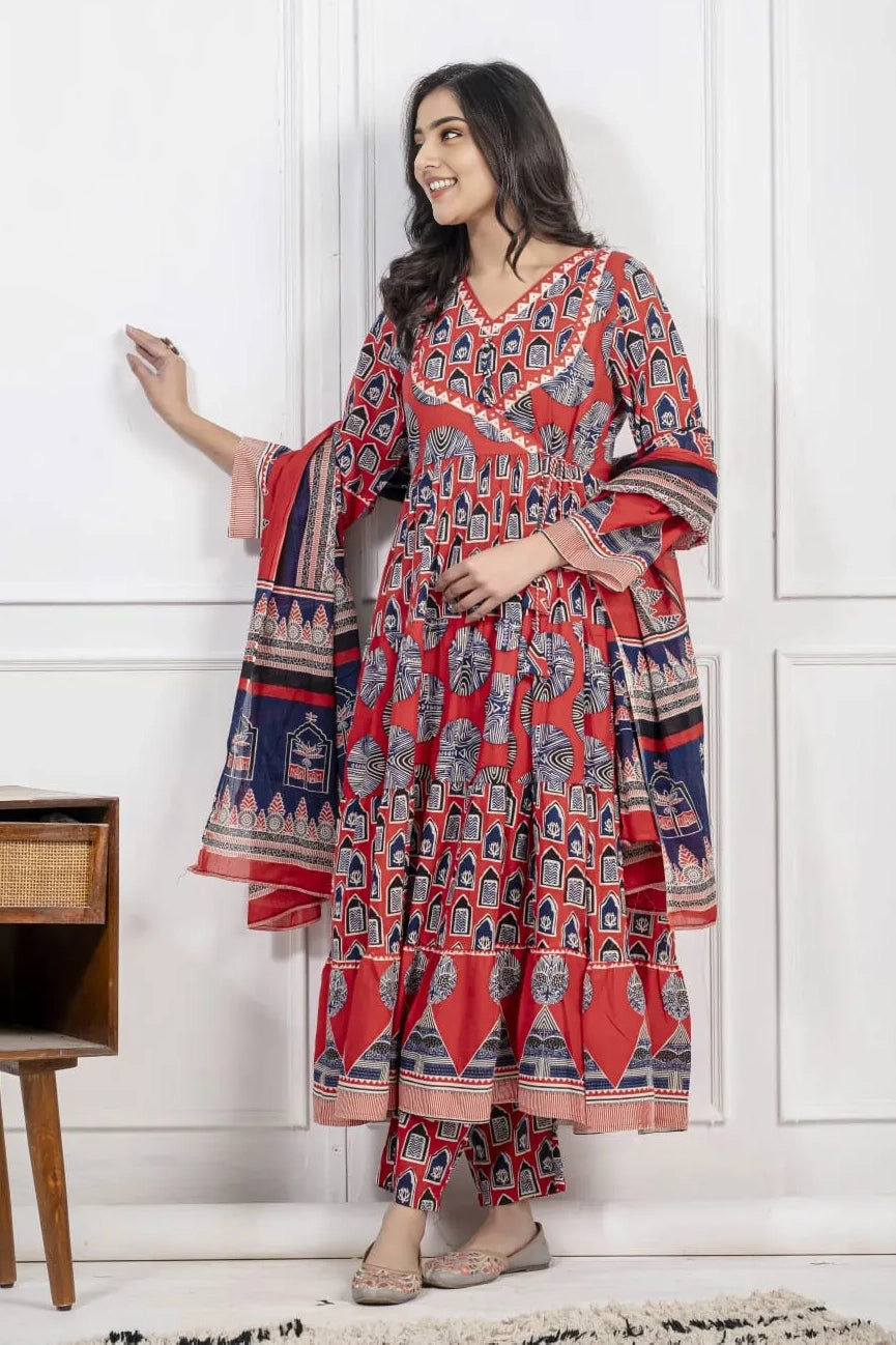 Red Cotton Angrakha Style Kurta Set