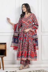 Red Cotton Angrakha Style Kurta Set