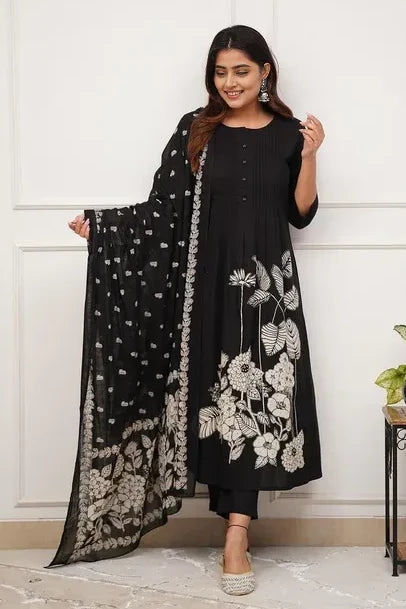 Black Floral Kurti Set with Dupatta