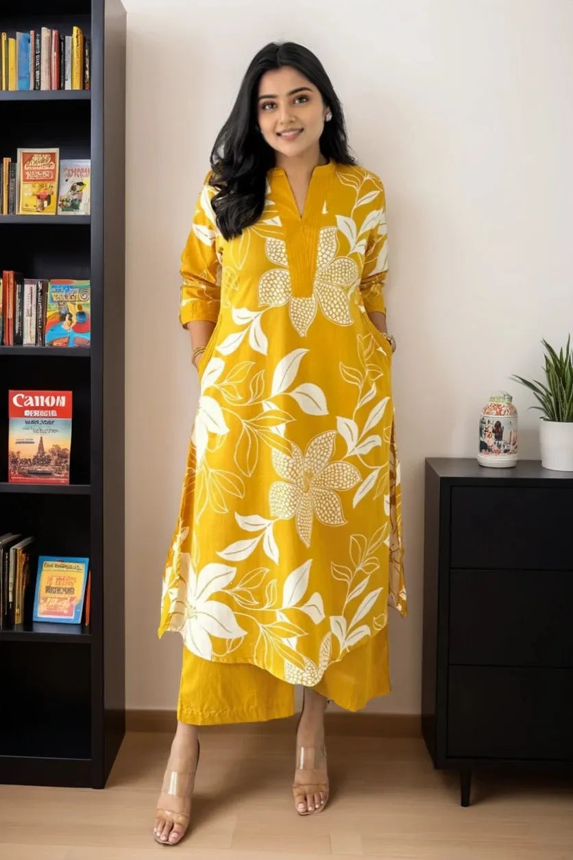 Yellow Floral Print Kurta with Palazzo