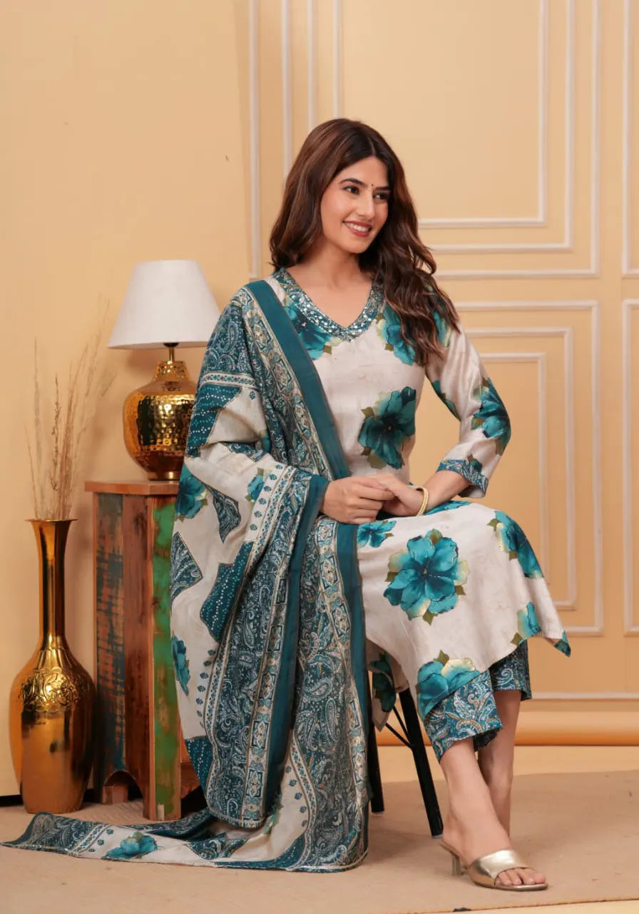 Blue Digital Floral Print Kurta Set