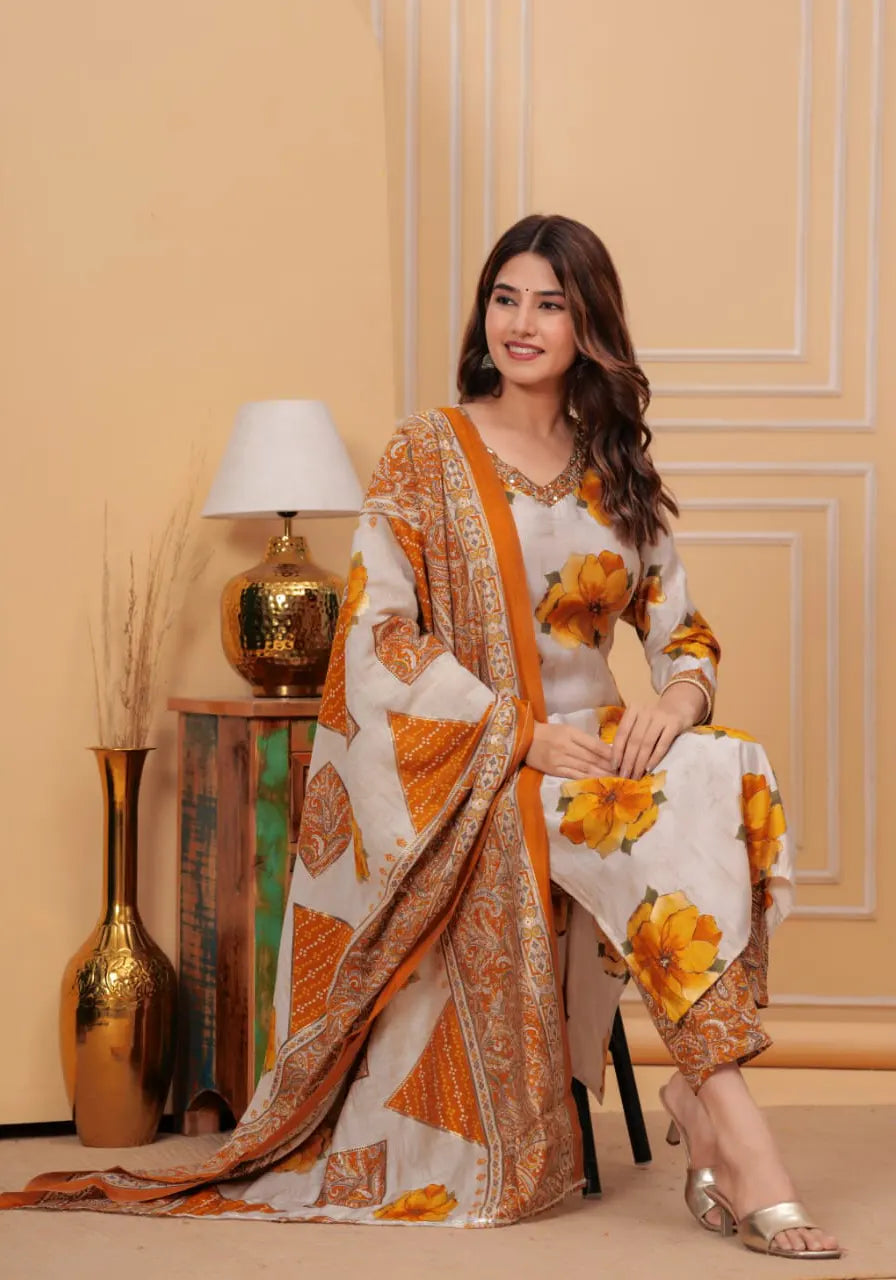 Yellow Digital Floral Print Kurta Set