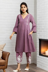 Purple Embroidered Kurti Set with Dupatta
