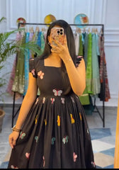 Black Butterfly Embroidered Midi Dress
