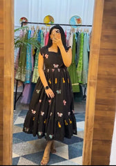 Black Butterfly Embroidered Midi Dress