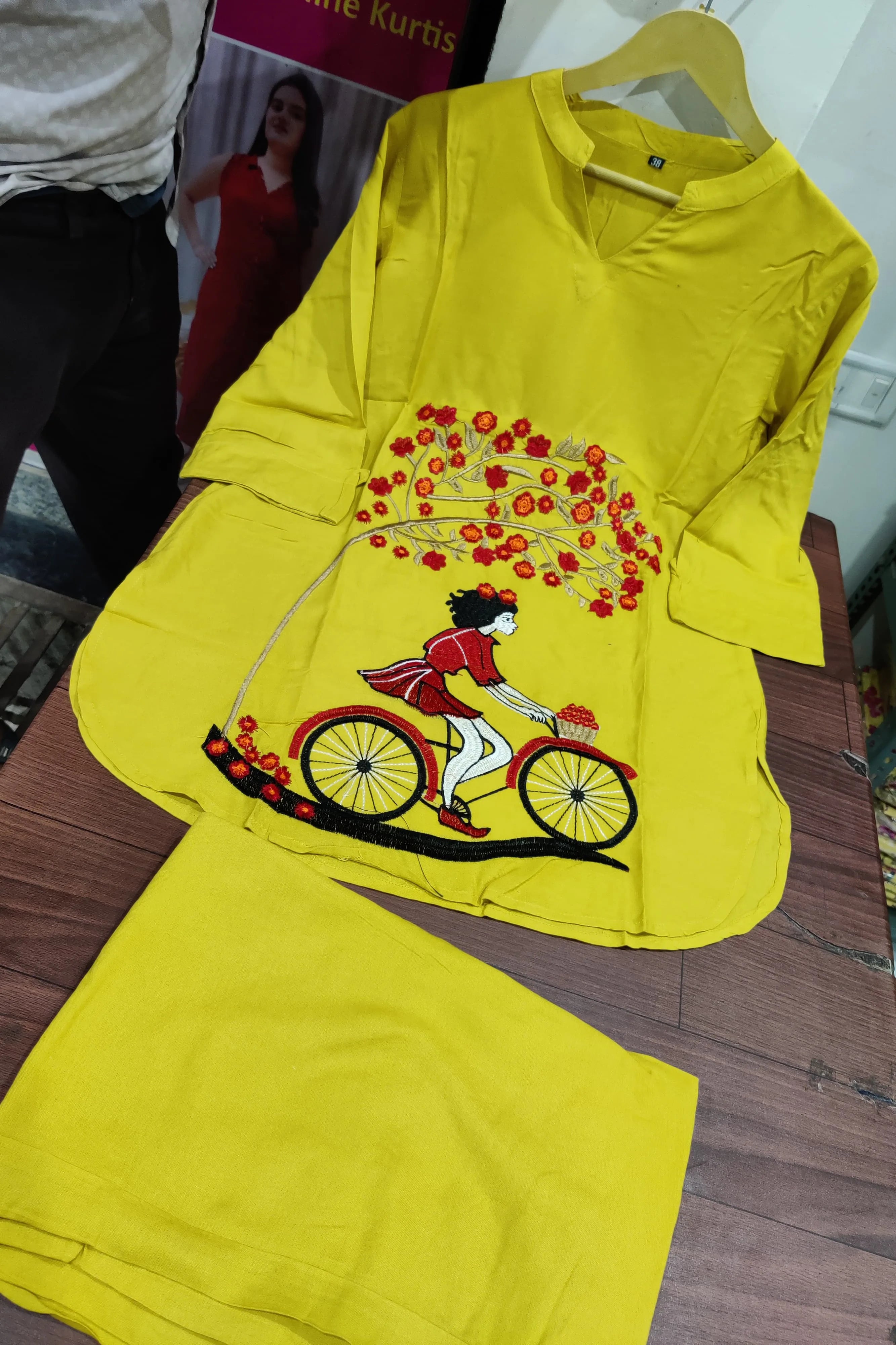 Mustard Embroidered Cotton Kurta With Pant