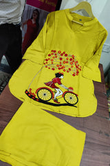 Mustard Embroidered Cotton Kurta With Pant