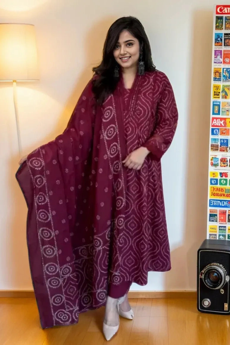 Maroon Embroidered Kurti Set with Dupatta