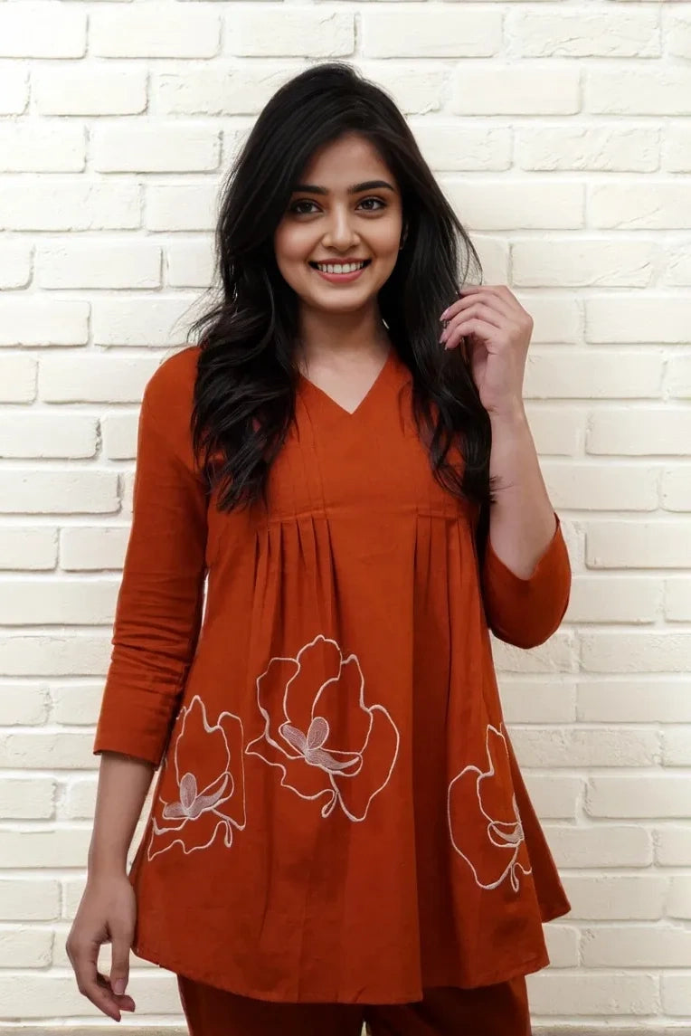 Rustic Orange A-line Embroidery Kurta with Pant