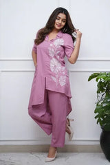 Purple Embroidered Three-Cut Co-Ord Set