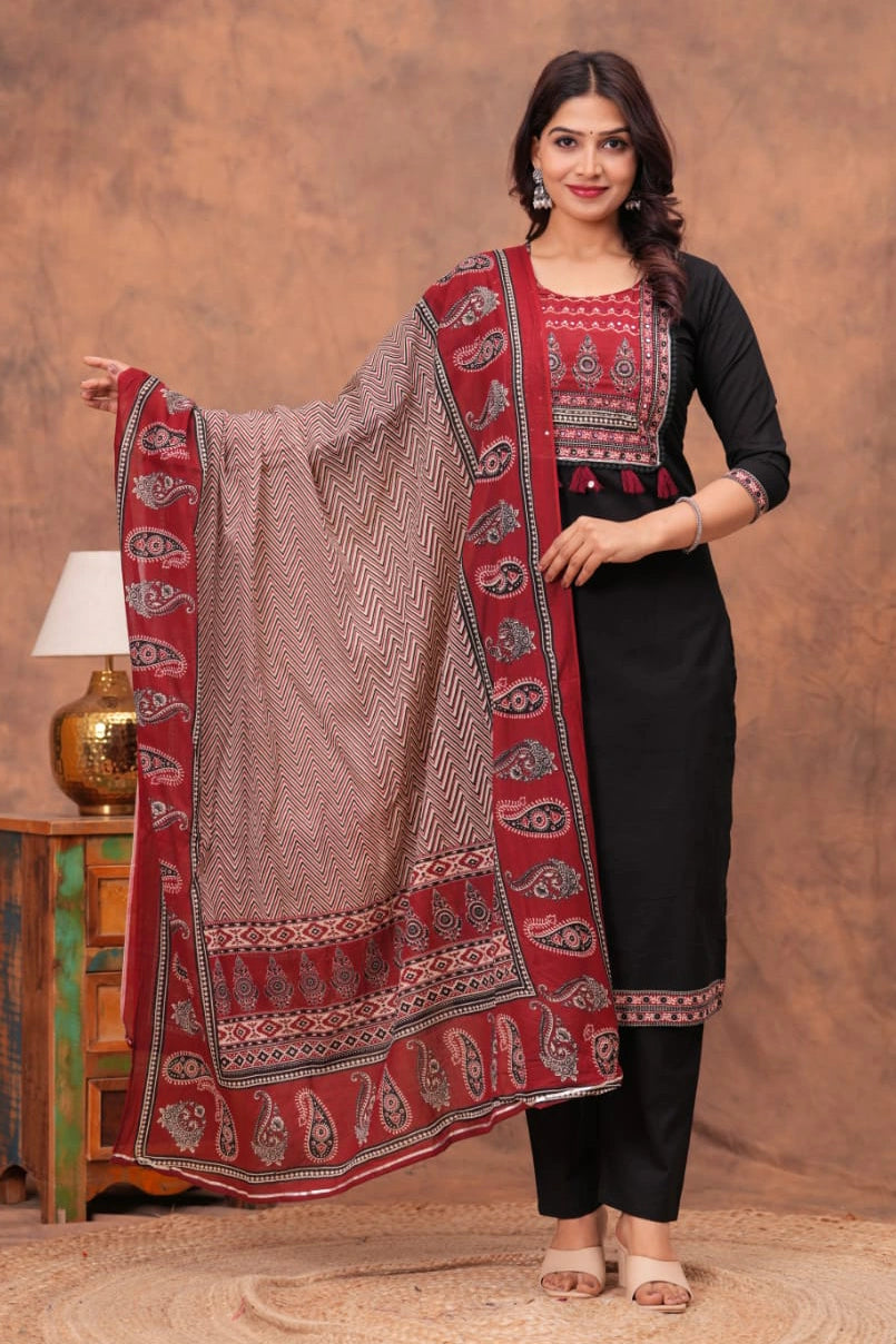 Black Paisley Straight Kurta Set