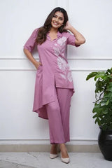 Purple Embroidered Three-Cut Co-Ord Set