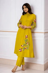Mustard Embroidered A-Line Kurta with Pant