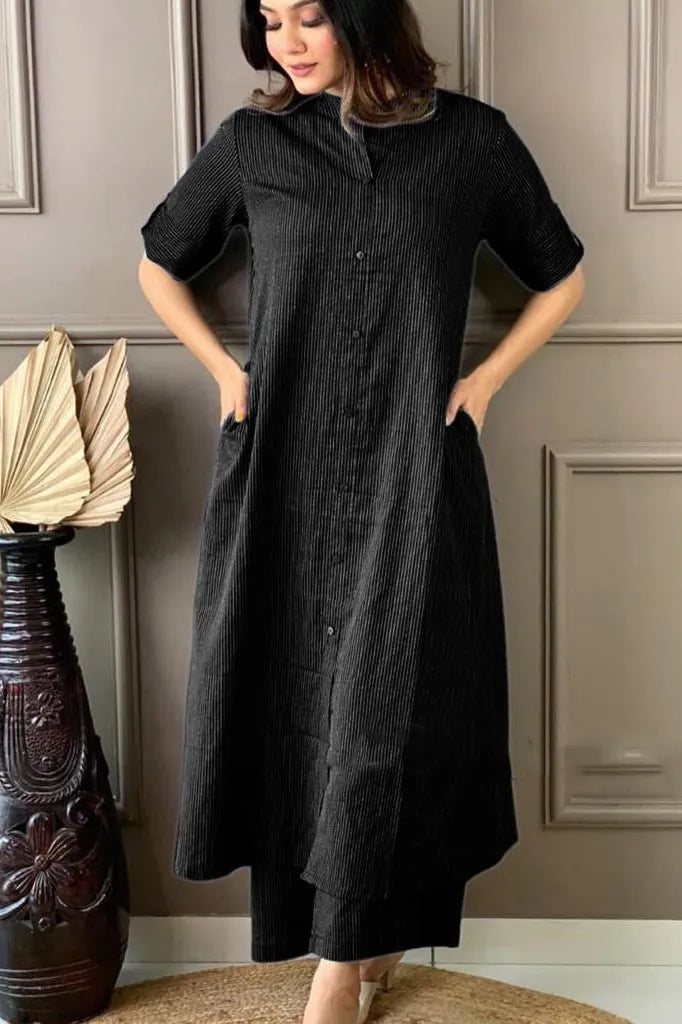 Black Cotton Katha Work Palazzo Co-ord Set