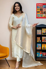 White Embroidered Silk Kurta Set