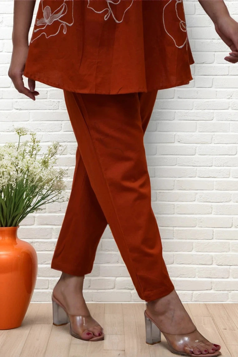 Rustic Orange A-line Embroidery Kurta with Pant