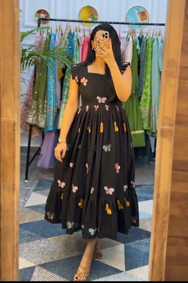 Black Embroidered Cotton Midi Dress