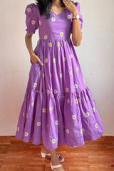 Purple Embroidered Floral Midi Dress