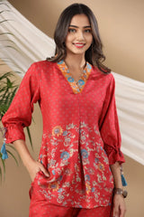 Red Muslin Digital Print Co-Ord Set