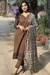 Brown Cotton Embroidered Kurta Set