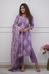 Purple Floral Kurti Set with Dupatta