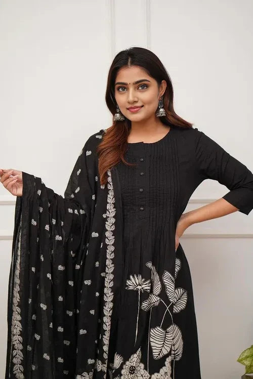 Black Floral Kurti Set with Dupatta