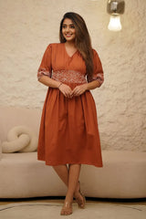 Rustic Orange Embroidered Midi Dress