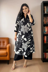Black Floral Print Kurta with Palazzo