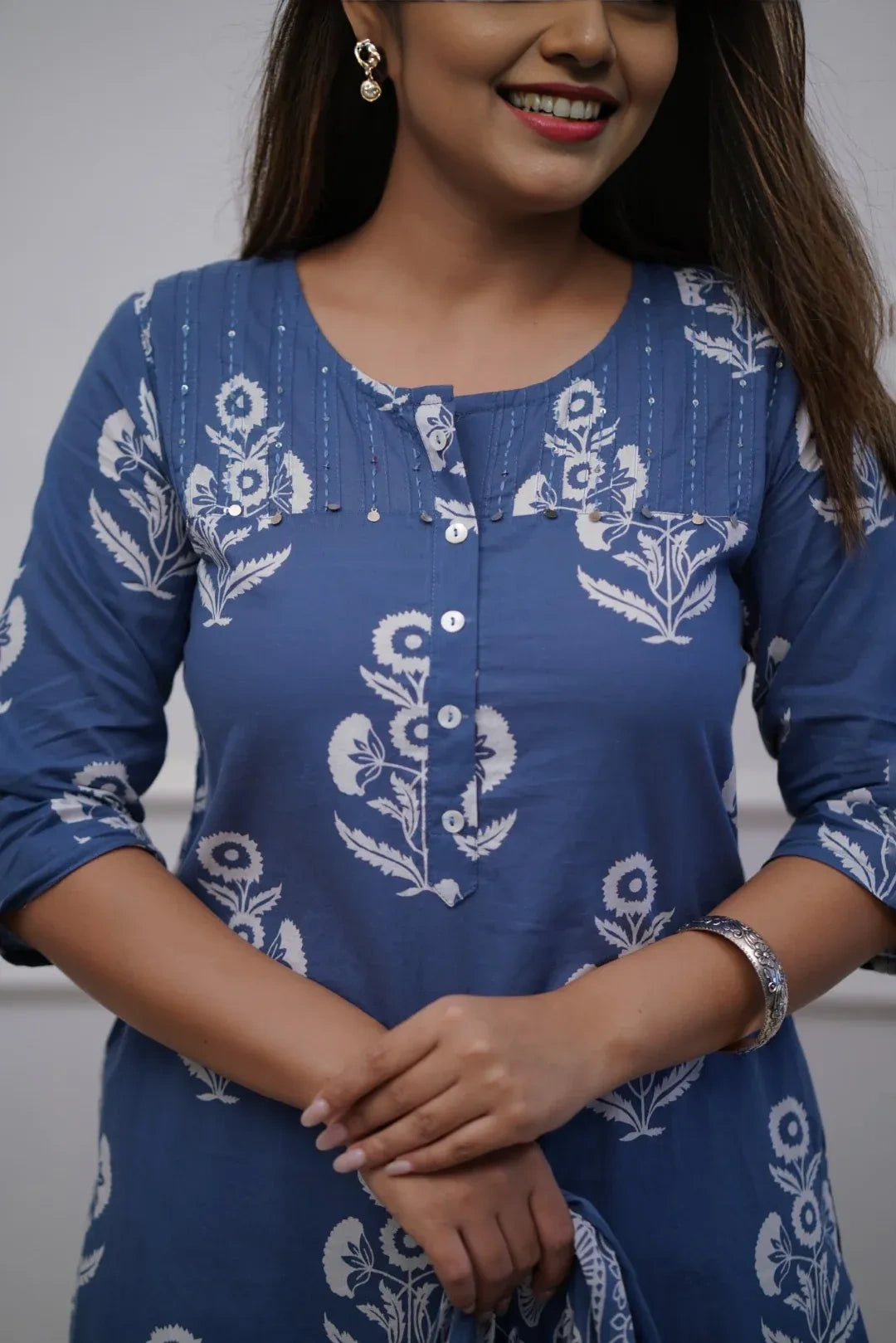 Blue Floral Kurti Set with Dupatta
