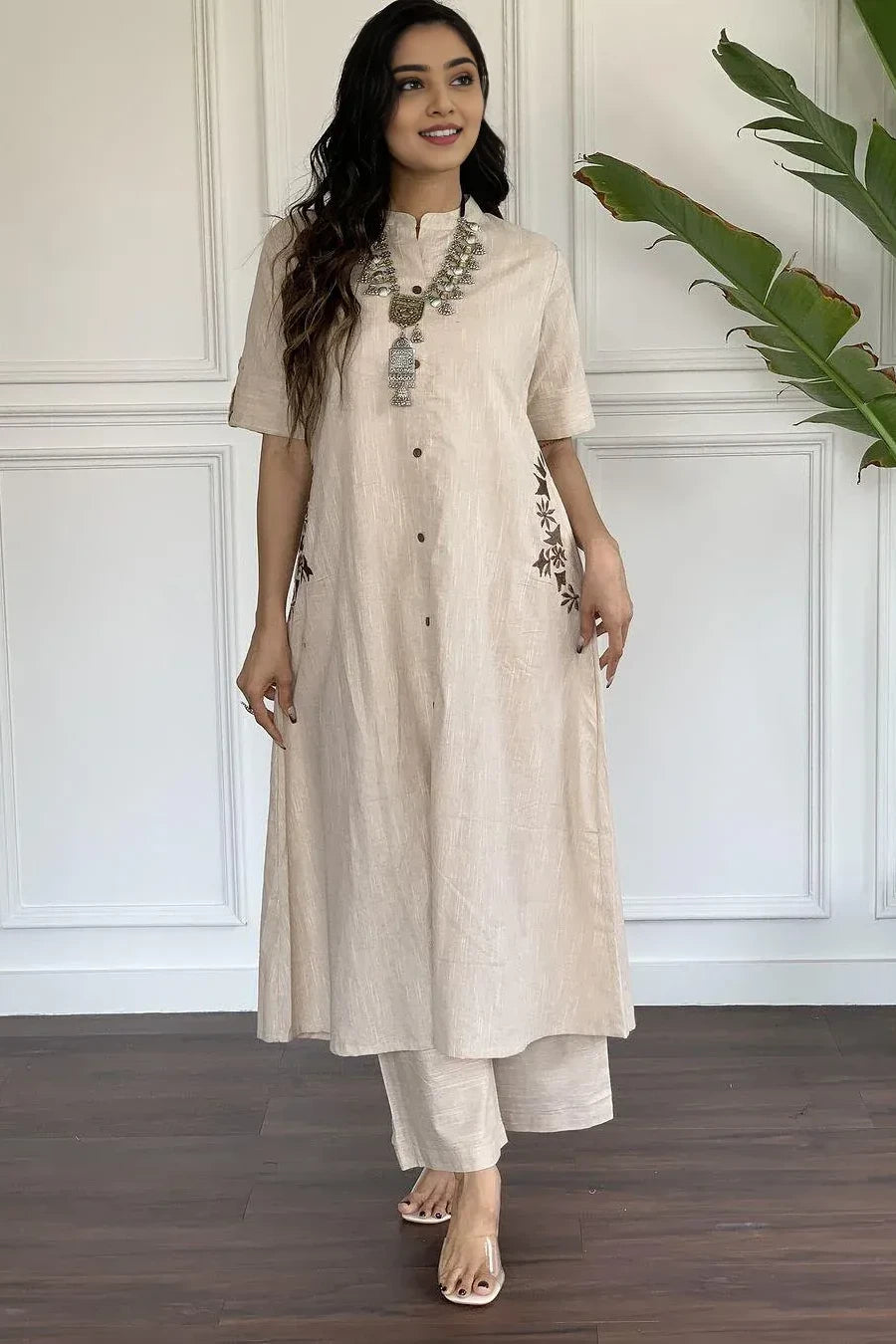 Beige Embroidered Kurta with Palazzo