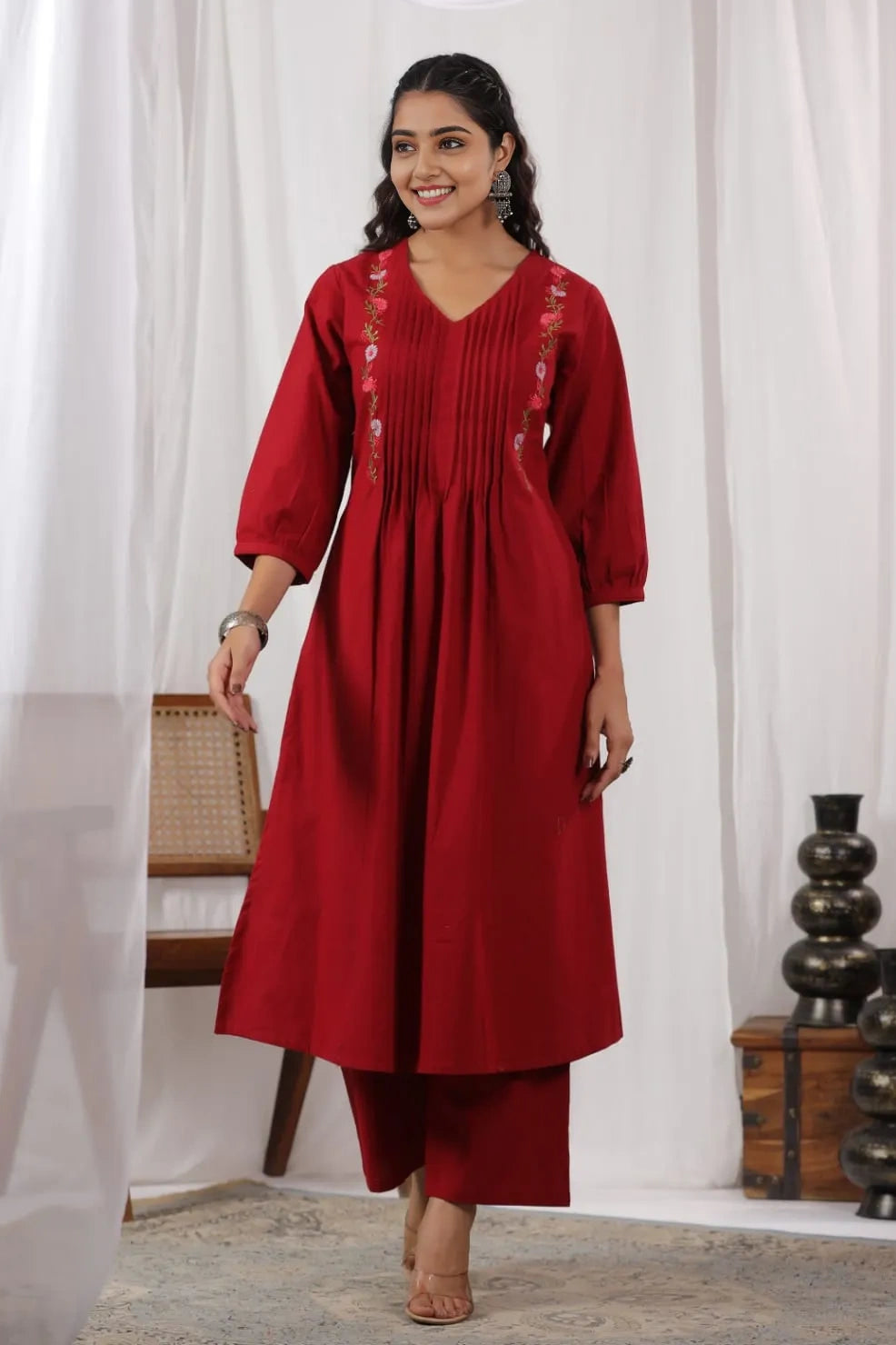 Maroon Pintex A-Line Kurta with Pant