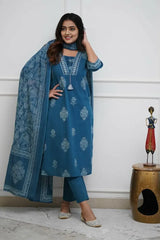 Blue Cotton Printed Kurta Set with Dupatta