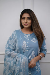 Sky Blue Floral Kurti Set with Dupatta