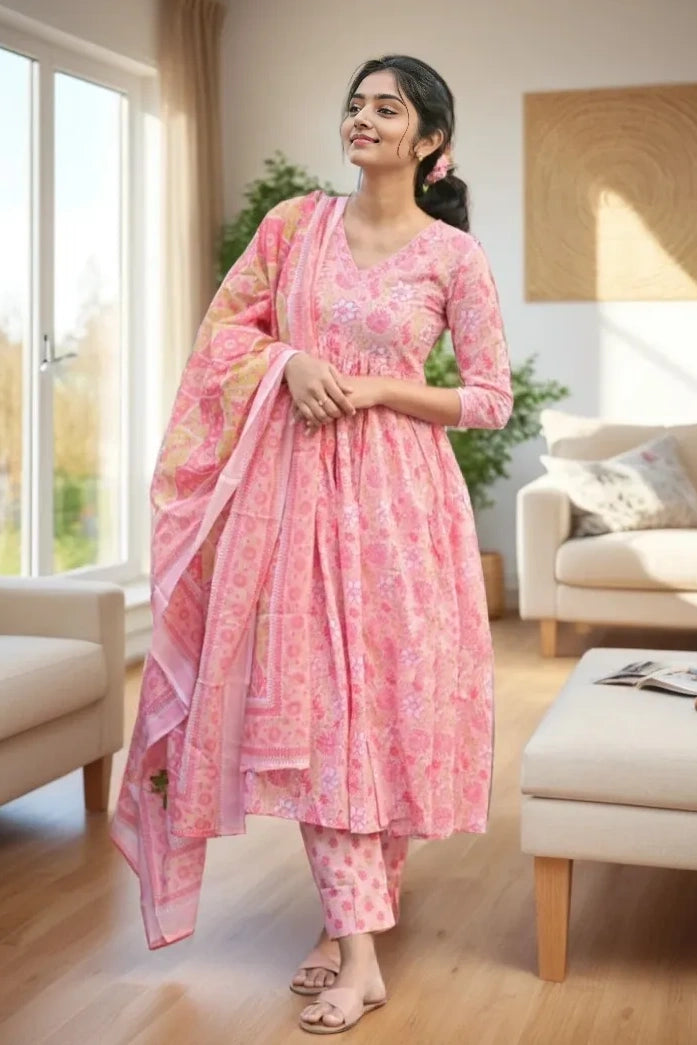 Pink Floral Kurti Set with Dupatta