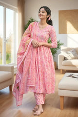 Pink Floral Kurti Set with Dupatta
